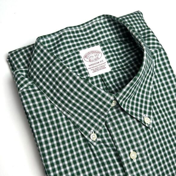 Brooks Brothers Button Down Shirt Madison Fit Cotton Green Gingham Plaid 17,5-33 - Picture 1 of 13